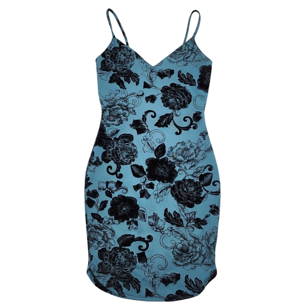 Seduction Teal and Black Velour Bodycon Mini Sexy Dress Size Small